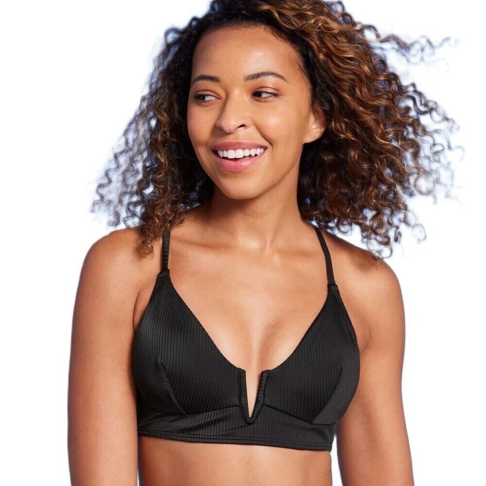 Shade & Shore Black Ribbed Longline V & Underwire Bikini Swim Top
